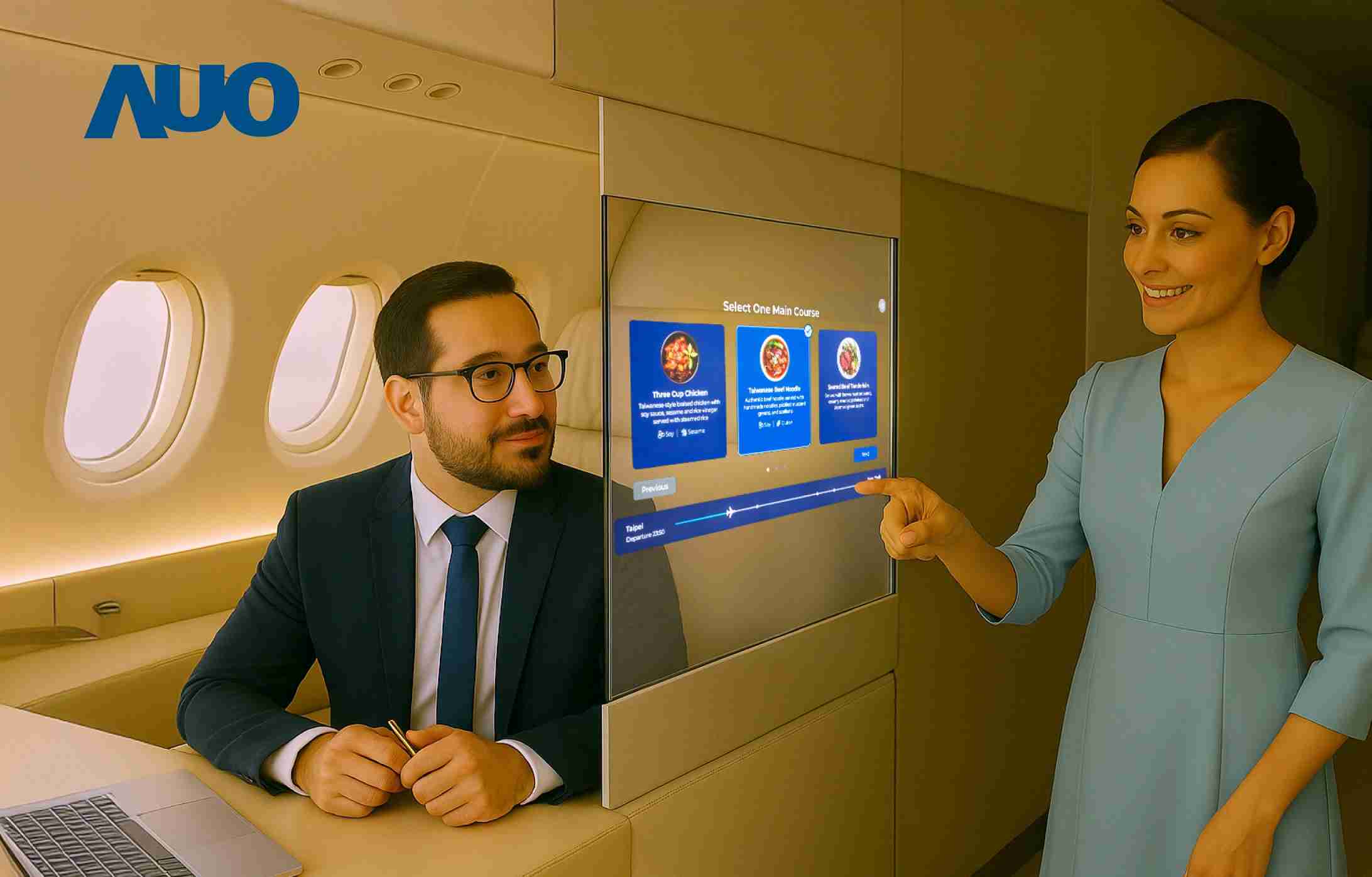 牛牛游戏研发全球最薄17.3 吋双面透明 Micro LED 显示器，，，可在同一屏幕之双边投射不同信息，，，，创造独特的”透明化”互动；图为实时翻译交流应用情境